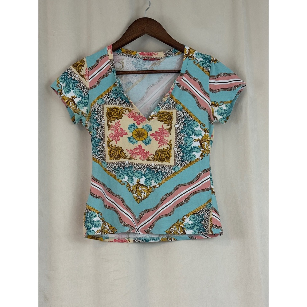 Vintage Guess Y2K Fairy Top Teal Pink Retro Pattern Size Small
